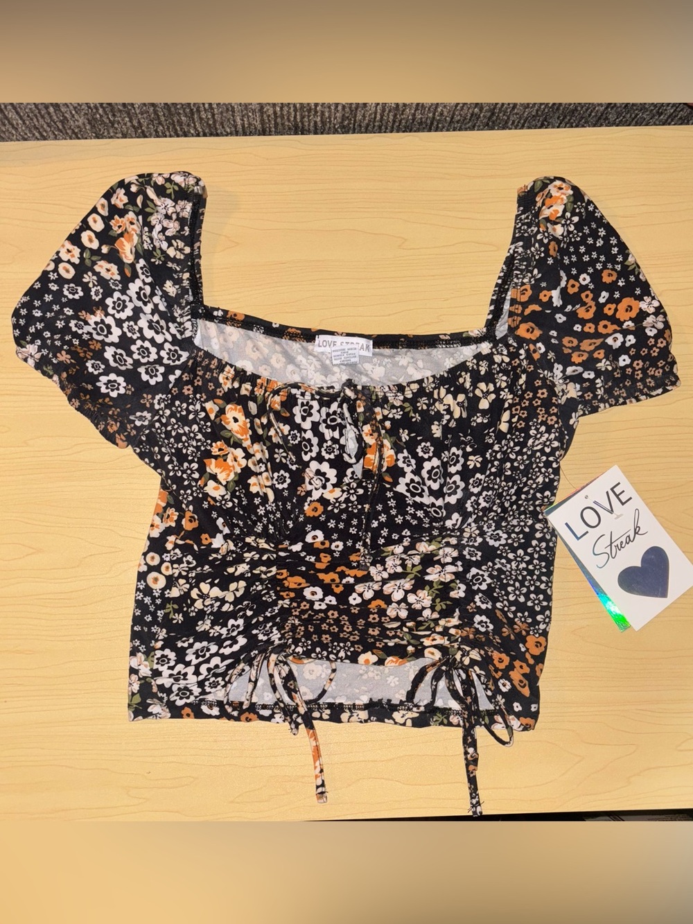 LOVE STREAK Black Floral Puff-Sleeve Cinch Crop Top